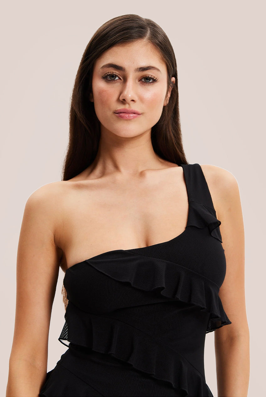 Diagonal Ruffle One Shoulder Mini Dress In Black DML027001