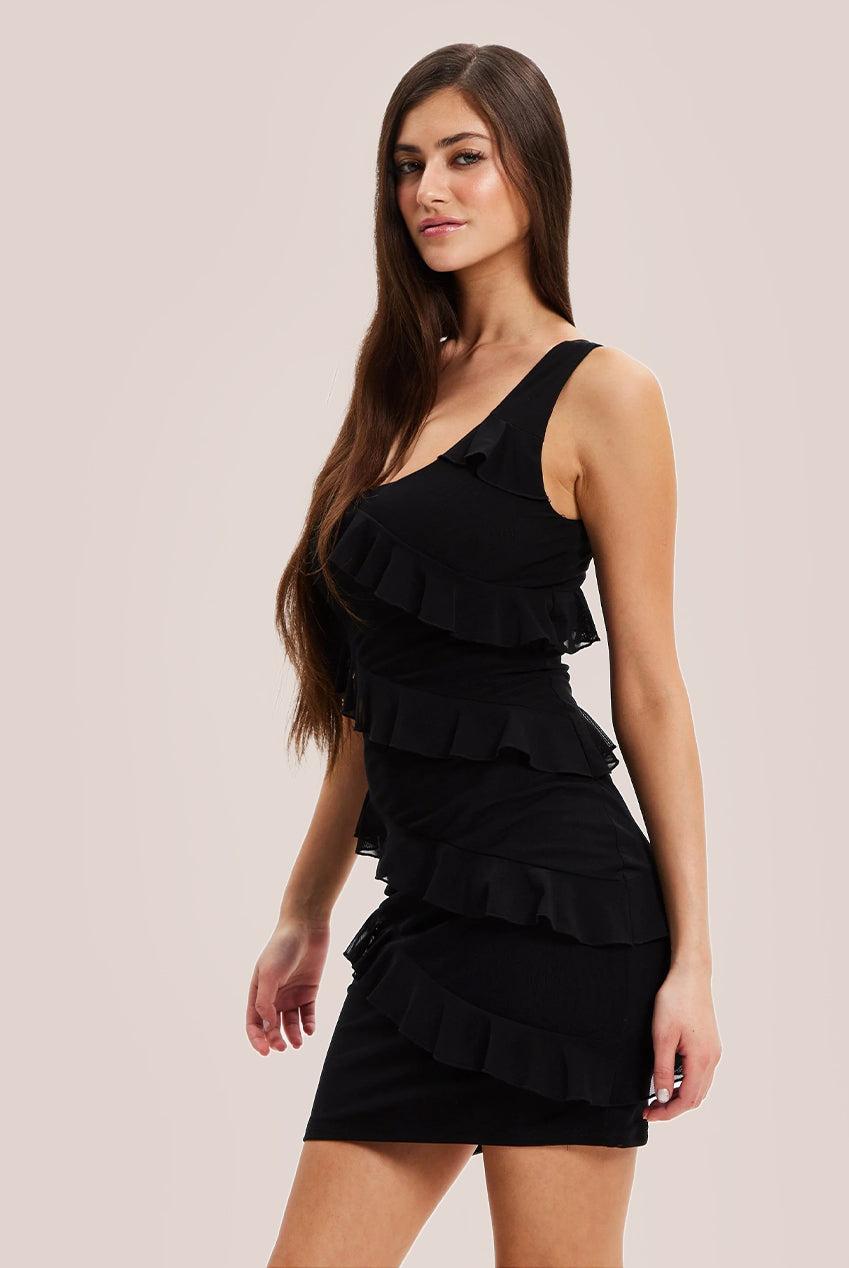 Diagonal Ruffle One Shoulder Mini Dress In Black DML027001