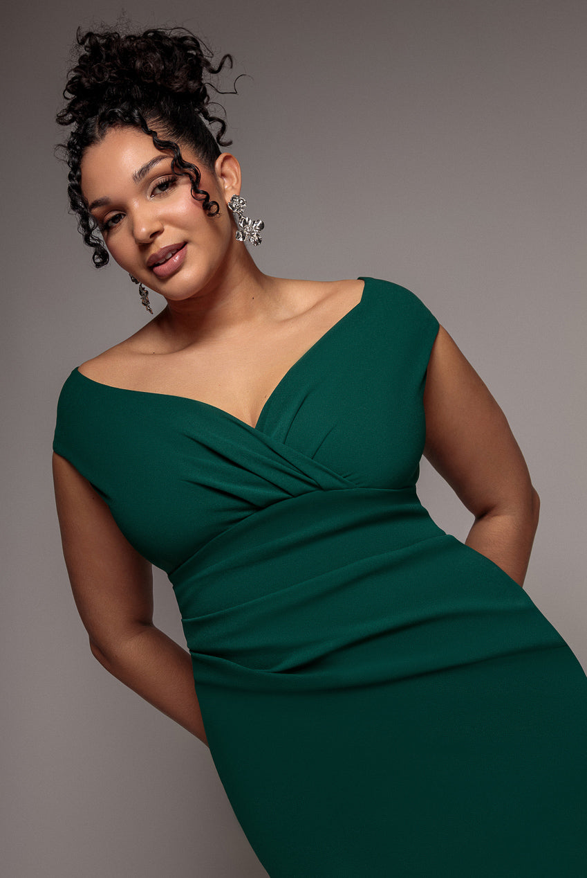 open lace back dress Goddiva Bardot Pleated Midi Dress - Emerald Green