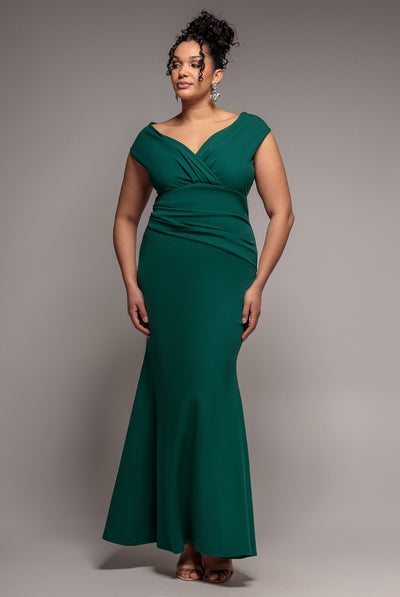 Emerald - Bardot Pleated Maxi Dress - Emerald by Goddiva Plus