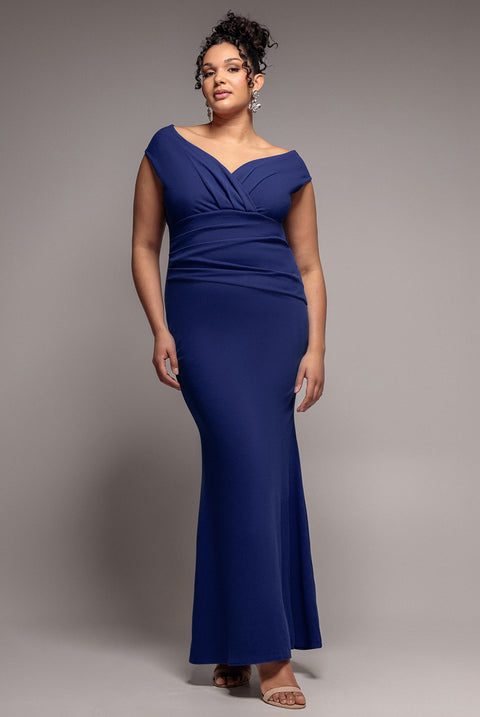 Bardot Pleated Maxi Dress - Navy by Goddiva Plus