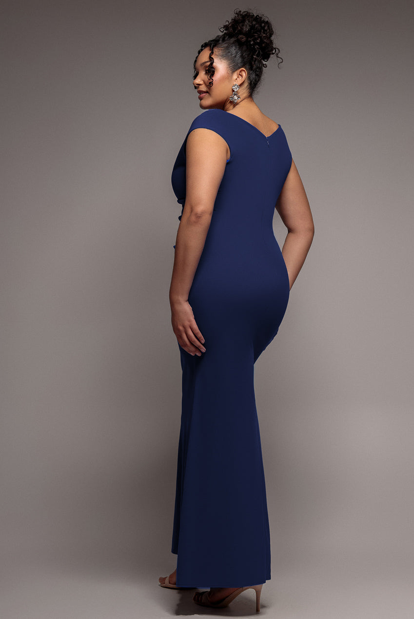 Goddiva Bardot Pleated Maxi Dress - Navy Blue