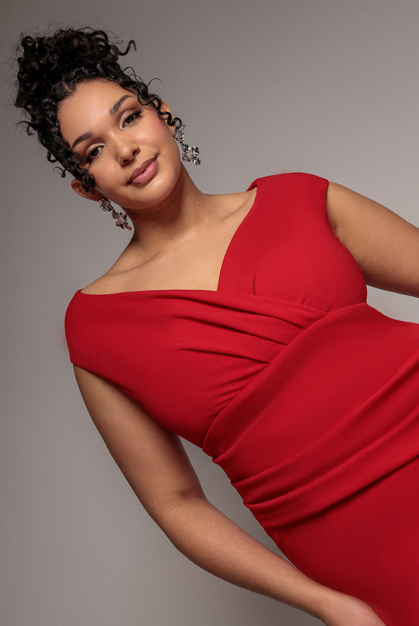 Goddiva Bardot Pleated Maxi Dress - Red