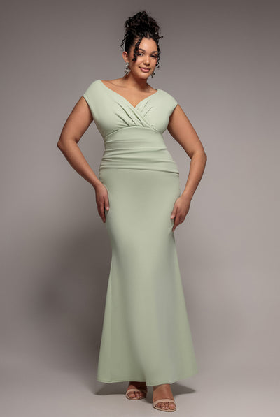 Goddiva Bardot Pleated Maxi Dress - Sage Green | Plus Size Goddiva Bardot Pleated Maxi Dress - Sage Green | Plus Size