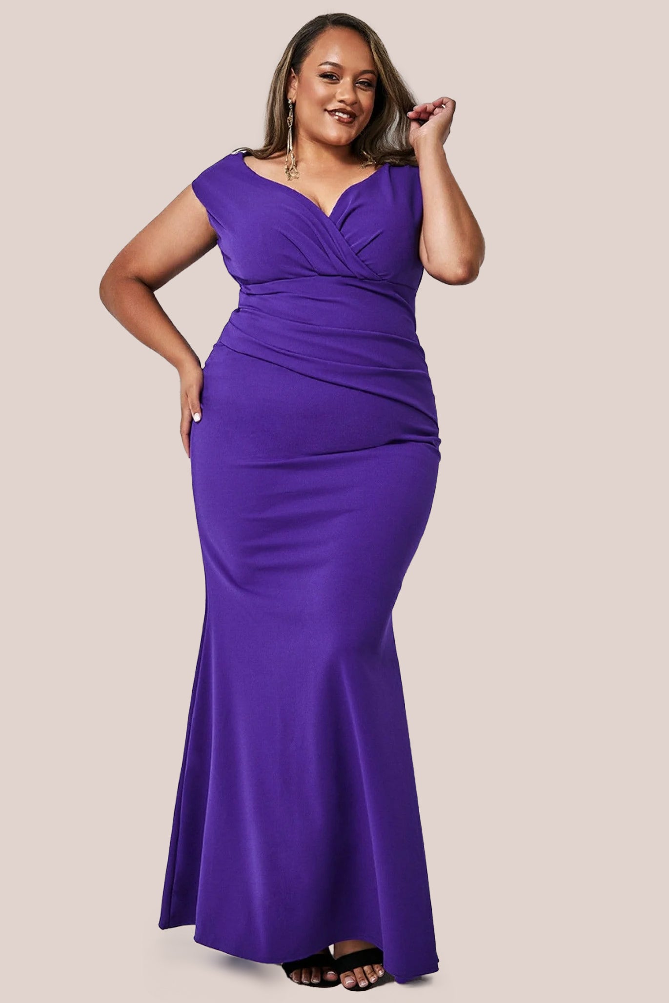 Goddiva Plus Bardot Pleated Maxi Dress Purple Purple 22