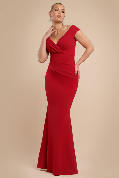 Bardot Pleated Maxi Dress - Red by Goddiva