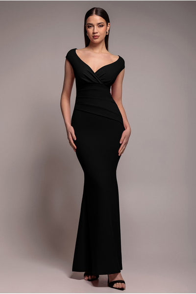 long black bardot evening dress Long Sleeve Bardot Pearl Maxi Velvet Dress Black