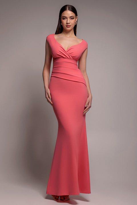 Bardot Pleated Maxi Dress - Coral by Goddiva