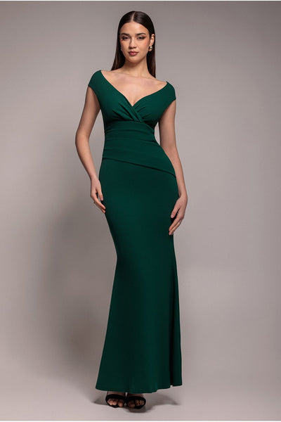 Emerald Green - Bardot Pleated Maxi Dress - EmeraldGreen by Goddiva