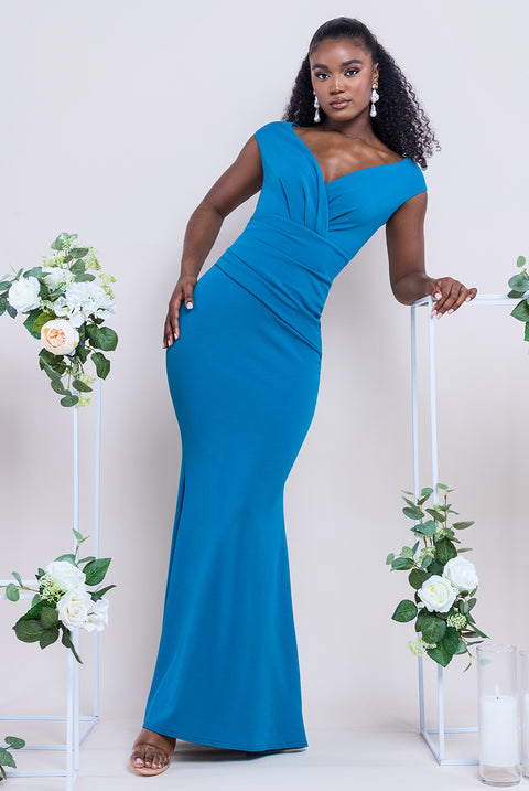 Bardot Pleated Maxi Dress - Teal Blue by Goddiva