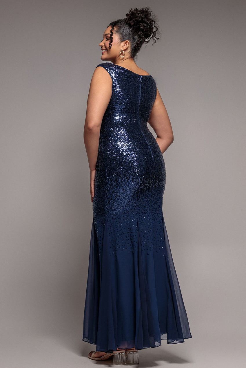 Chiffon & Sequin Embroidered Bardot Maxi Dress - Navy Blue | Goddiva