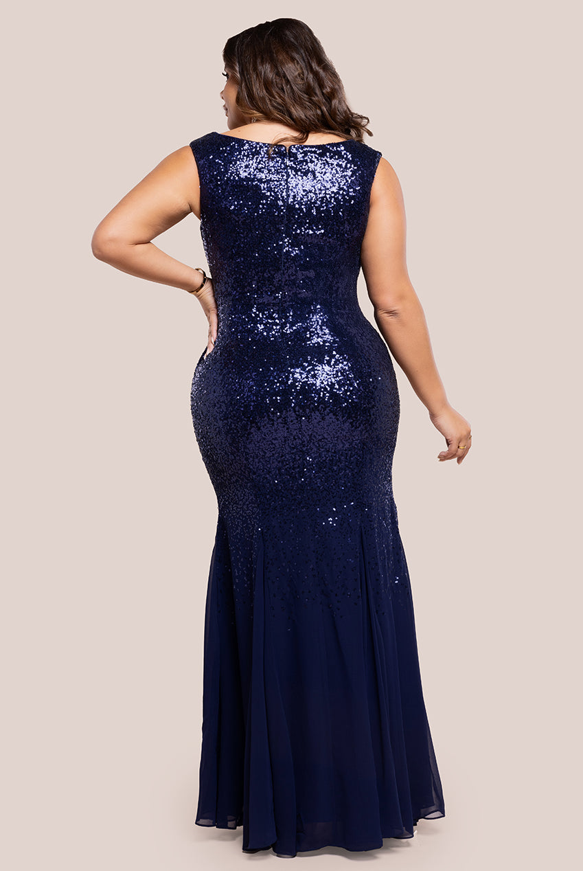 Chiffon & Sequin Embroidered Bardot Maxi Dress - Navy Blue DR1168SP