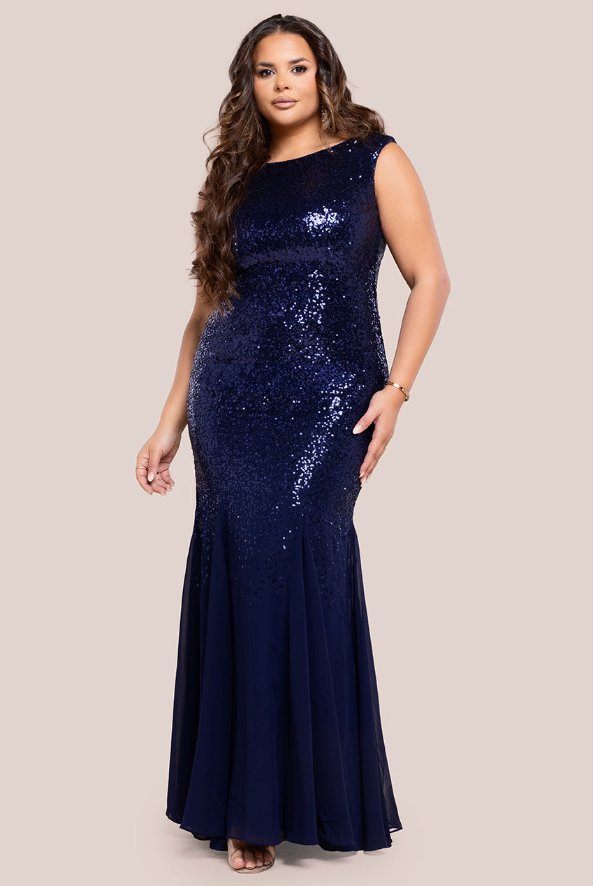 Chiffon & Sequin Embroidered Bardot Maxi Dress - Navy Blue DR1168SP