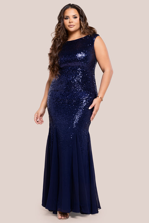 Chiffon & Sequin Embroidered Bardot Maxi Dress - Navy DR1168SP