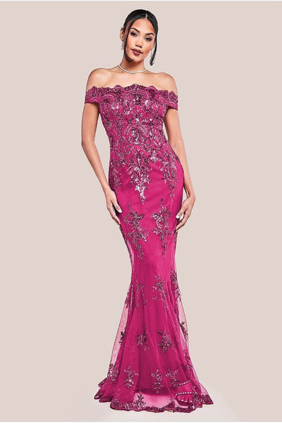 Bardot Sequin Embroidered Maxi Dress - Magenta | Goddiva Bardot Sequin Embroidered Maxi Dress - Magenta | Goddiva