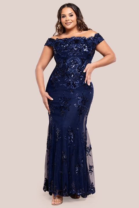 Bardot Sequin Embroidered Maxi Dress - Navy Blue by Goddiva Plus