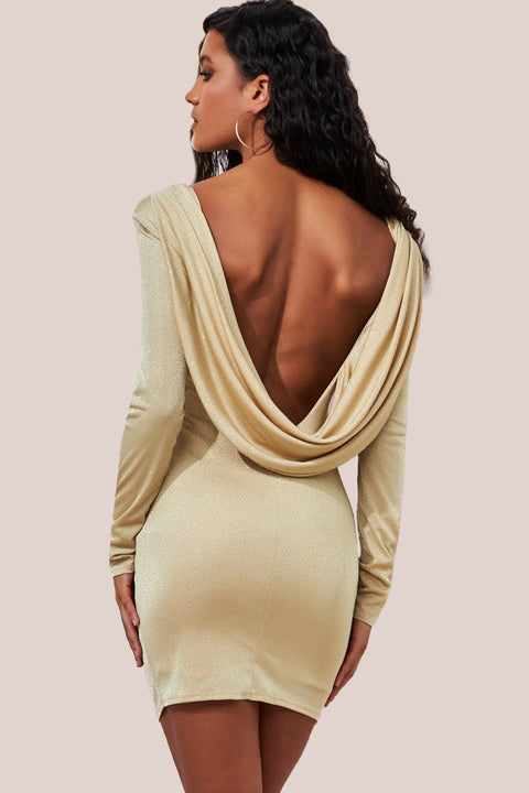 Glitter Cowl Back Mini With Sleeves - Gold DR1301