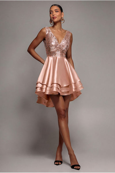 Champagne - Multilayered Sequin And Satin Skater Mini -champagne by Goddiva