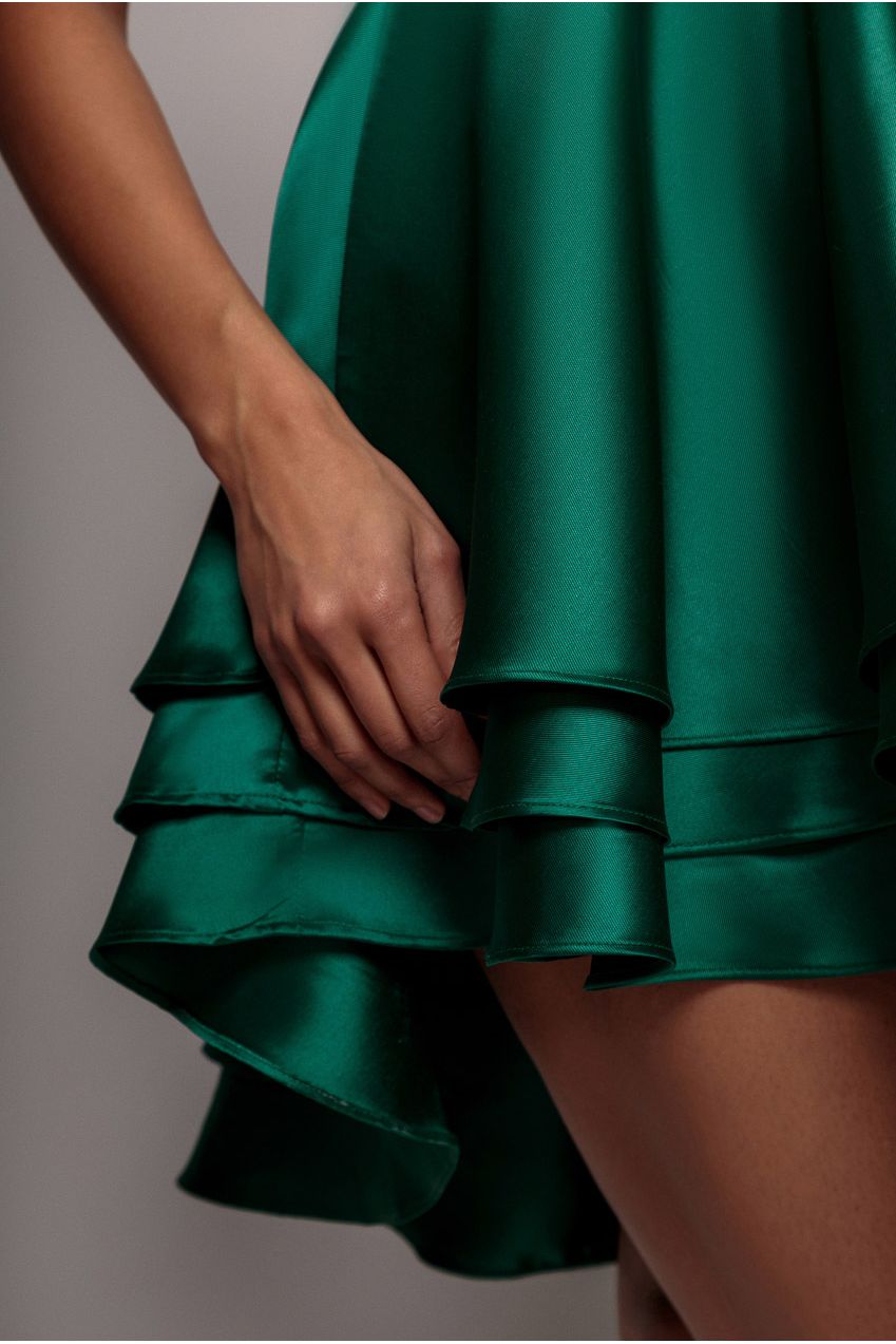 Sequin And Satin Tiered Hi-Low Mini Skater Dress - Emerald Green | Goddiva Sequin And Satin Tiered Hi-Low Mini Skater Dress - Emerald Green | Goddiva