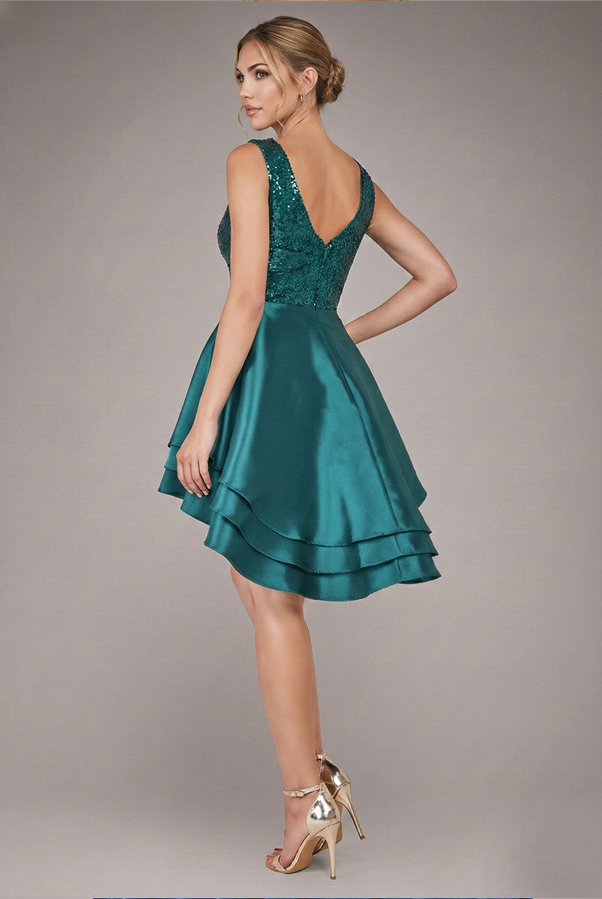 Sequin And Satin Tiered Hi-Low Mini Skater Dress - Emerald Green DR1317PB