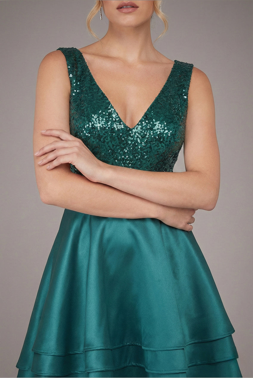 Sequin And Satin Tiered Hi-Low Mini Skater Dress - Emerald Green DR1317PB