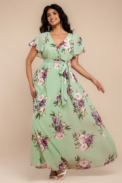 Duckegg - Sustainable Printed Flutter Sleeve Maxi Dress - Duck Egg by Goddiva