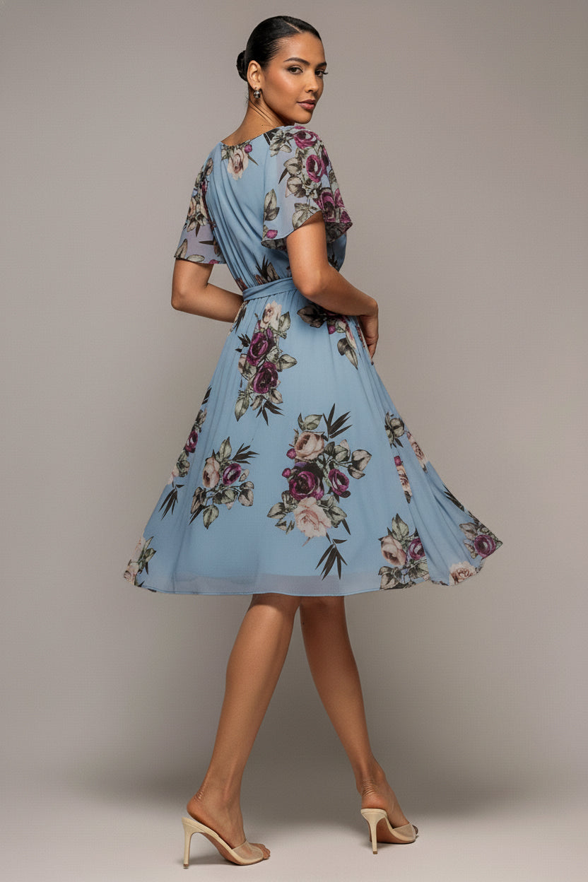 Sustainable Floral Print Midi Wrap Dress With Flutter Sleeves - Airforce Blue DR1641BBS