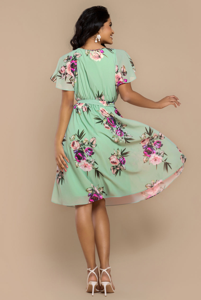 Sustainable Floral Print Midi Wrap Dress With Flutter Sleeves - Duck Egg DR1641BBS
