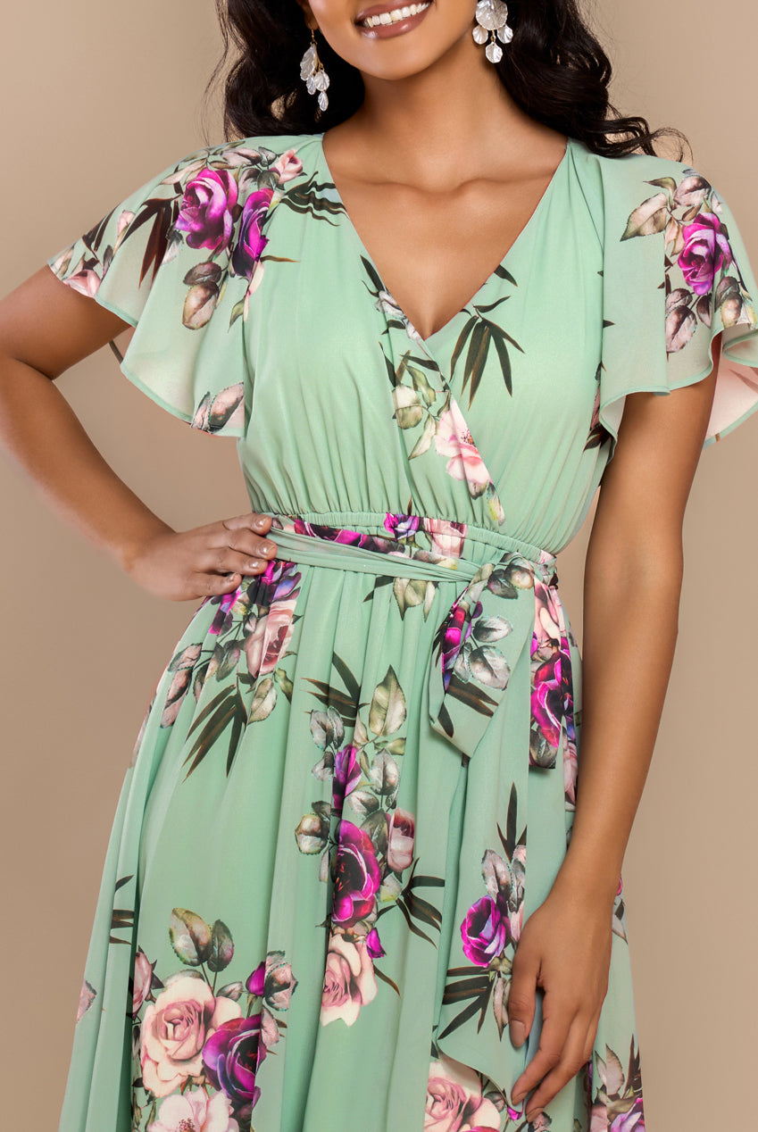 Sustainable Floral Print Midi Wrap Dress With Flutter Sleeves - Duck Egg DR1641BBS