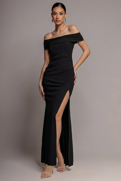 Off The Shoulder Maxi Dress With Split - Black by Goddiva