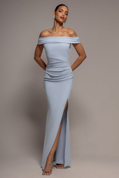Off The Shoulder Maxi Dress With Split - Light Blue by Goddiva