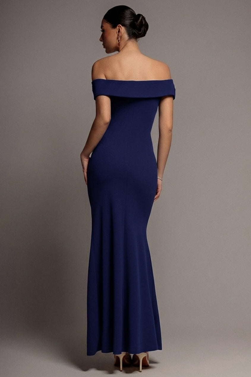 goddiva off shoulder maxi dress product info and reviews Off The Shoulder Maxi Dress With Split - Navy Blue