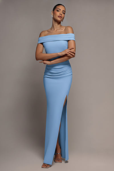 Off The Shoulder Maxi Dress With Split - Powder Blue by Goddiva