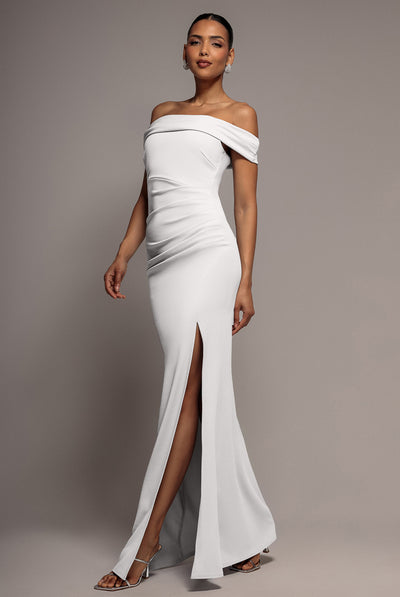 Off The Shoulder Maxi Dress With Split - White by Goddiva