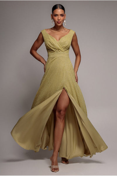 Gold - Crossover Lurex Glitter Maxi Dress - Gold by Goddiva