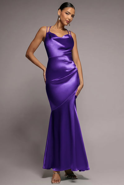 Cowl Neck With Strappy Back Satin Maxi - Purple by Goddiva