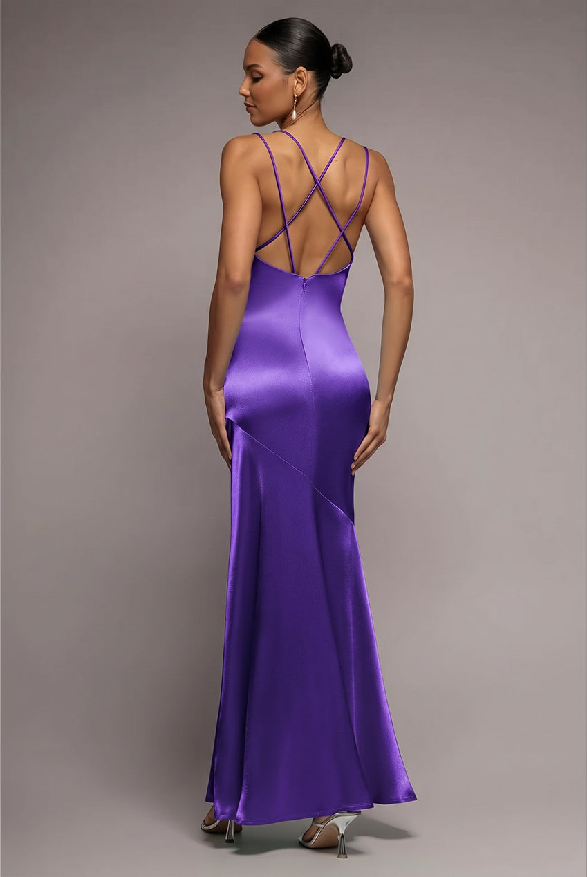 Cowl Neck With Strappy Back Satin Maxi - Purple DR2113