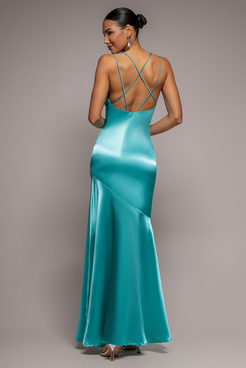 Satin Cowl Neck With Strappy Back Maxi - Aqua