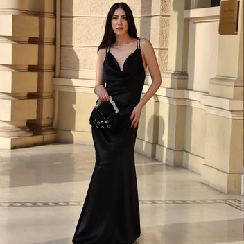 Women's Maxi Dress - Elegant Satin Look - Cowl Neck - Spaghetti Straps - Tailored Fit