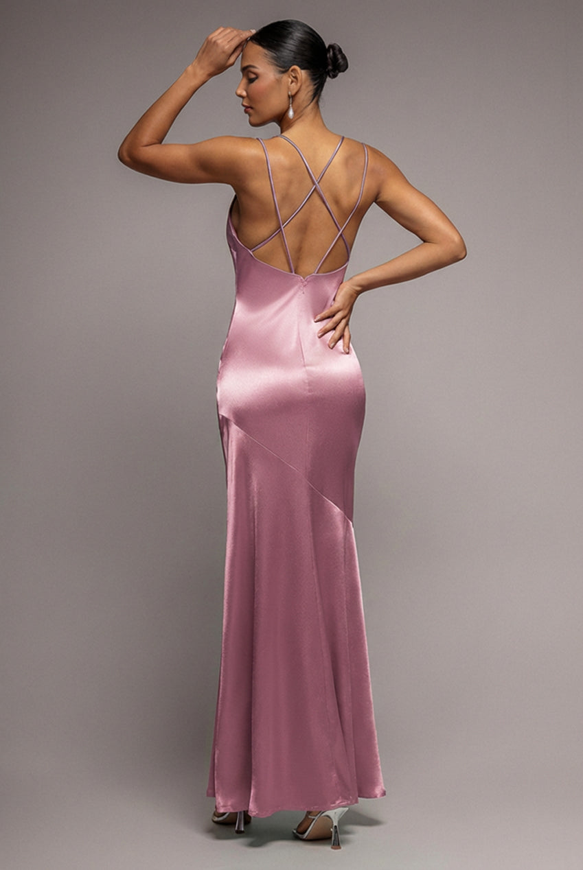 Cowl Neck With Strappy Back Satin Maxi - Blush DR2113