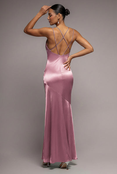 Cowl Neck With Strappy Back Satin Maxi - Blush | Goddiva