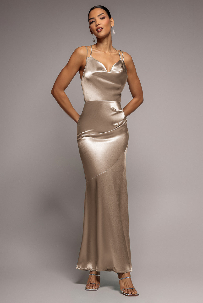 Satin Cowl Neck With Strappy Back Maxi - Champagne DR2113QZ