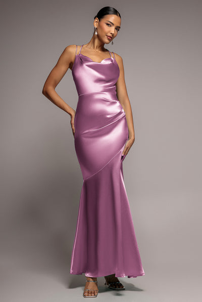 Pink - Satin Cowl Neck With Strappy Back Maxi - Pink by Goddiva