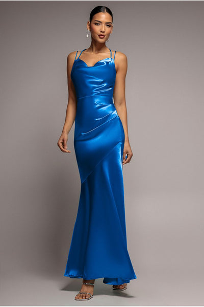Cowl Neck With Strappy Back Satin Maxi - Royal Blue by Goddiva