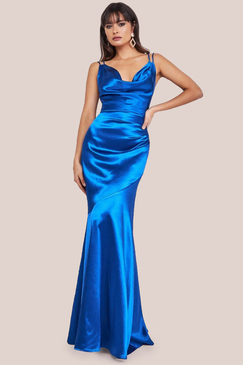 Cowl Neck With Strappy Back Satin Maxi - Royal Blue by Goddiva