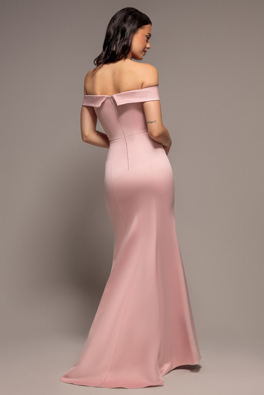 Satin Bardot Bow Maxi Dress - Nude DR2218QZ