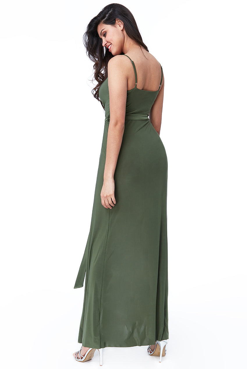 Wrap Front Maxi Slip Dress With Waist Tie-Up - Olive Green DR2250C