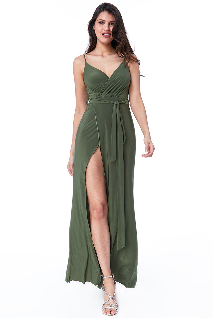 Wrap Front Maxi Slip Dress With Waist Tie-Up - Olive Green DR2250C
