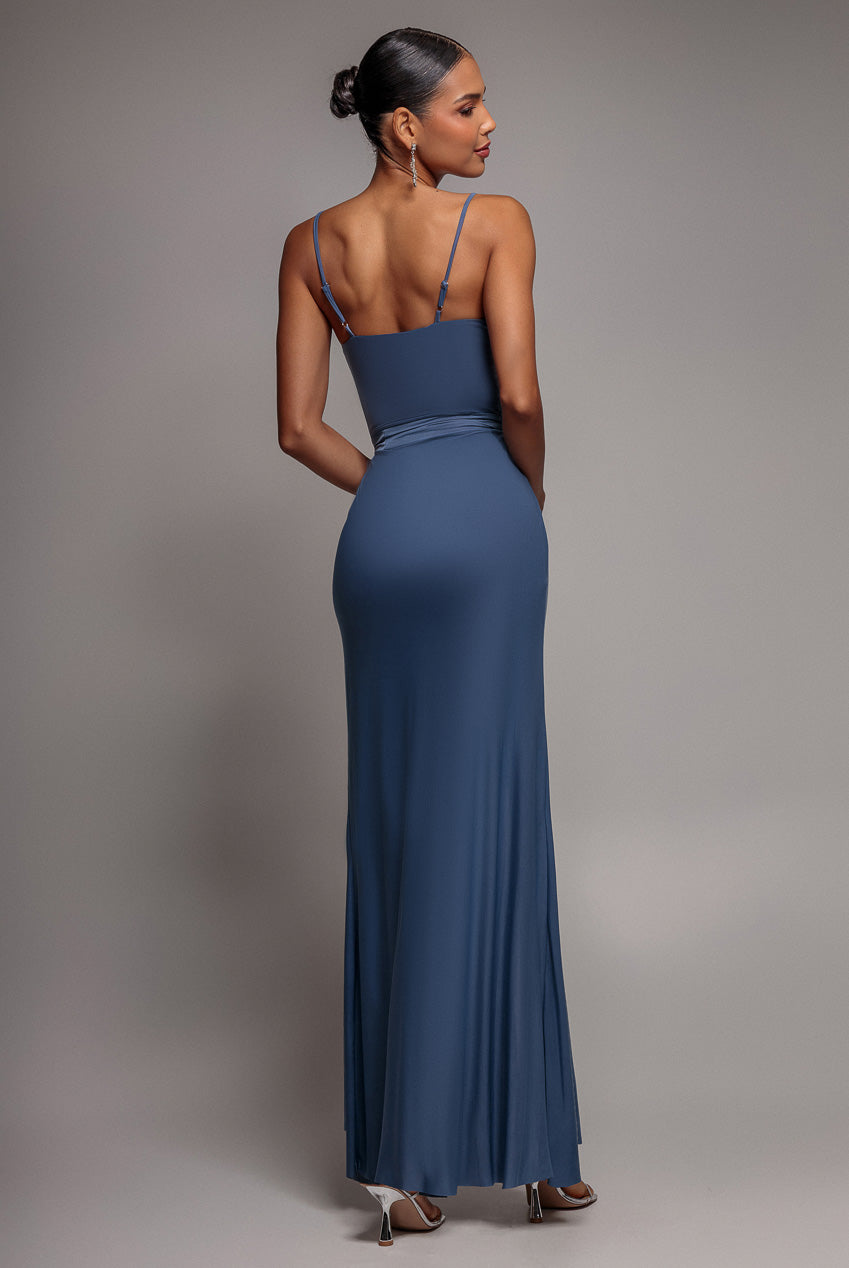 Wrap Front Maxi Slip Dress With Waist Tie-Up - Cloudy Blue DR2250C