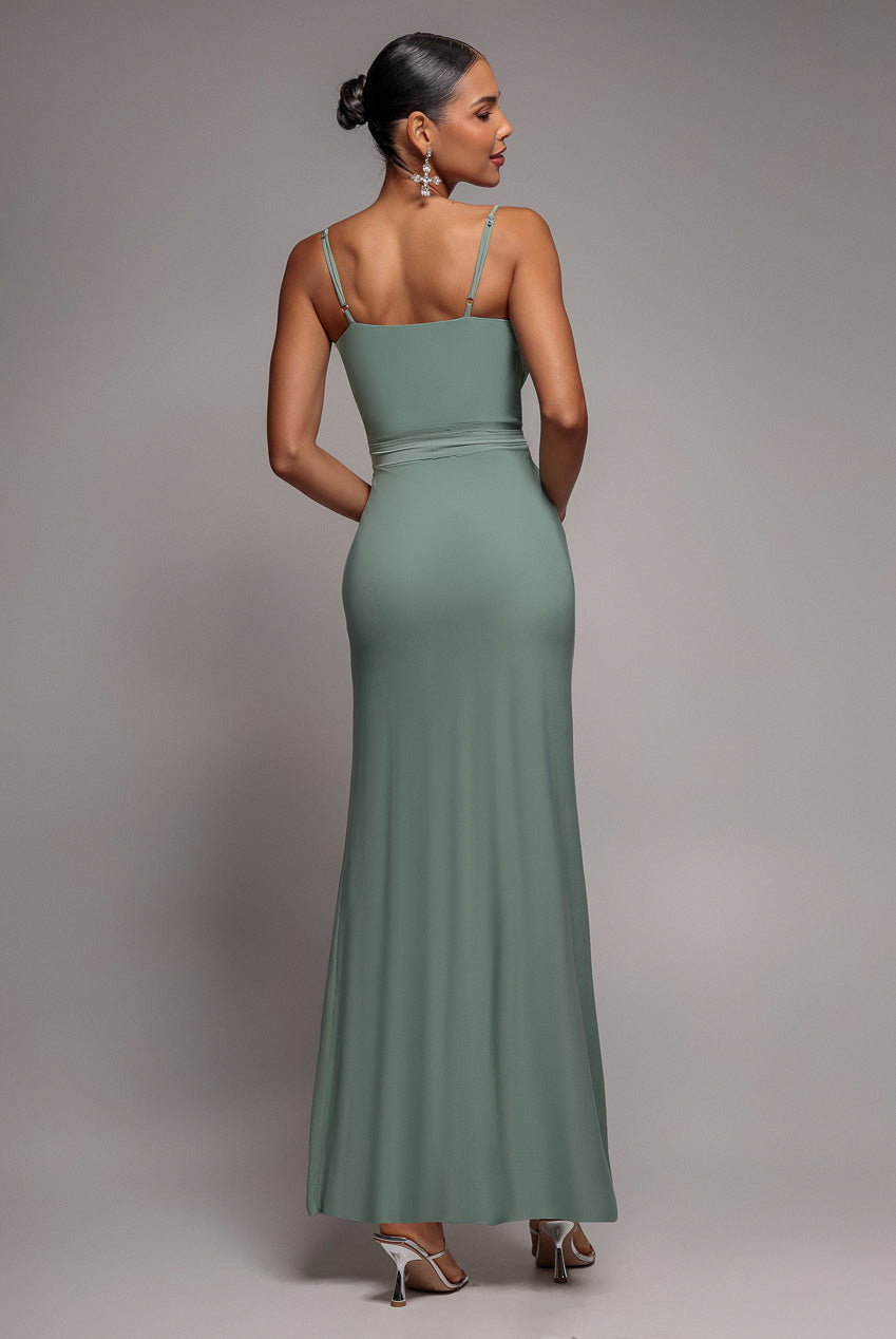 Wrap Front Maxi Slip Dress With Waist Tie-Up - Dark Sage DR2250C